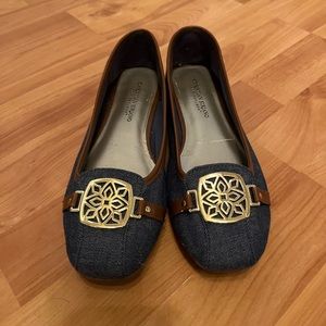 Denim Christian Siriano flats, shoes.
